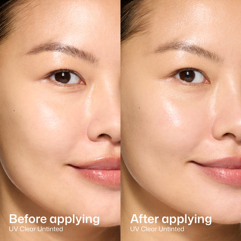 Before and after comparison of UV Clear Untinted product on a person's face.