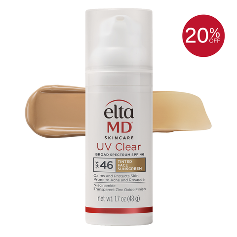 Elta MD UV Clear sunscreen bottle with a 20% off badge on a white background
