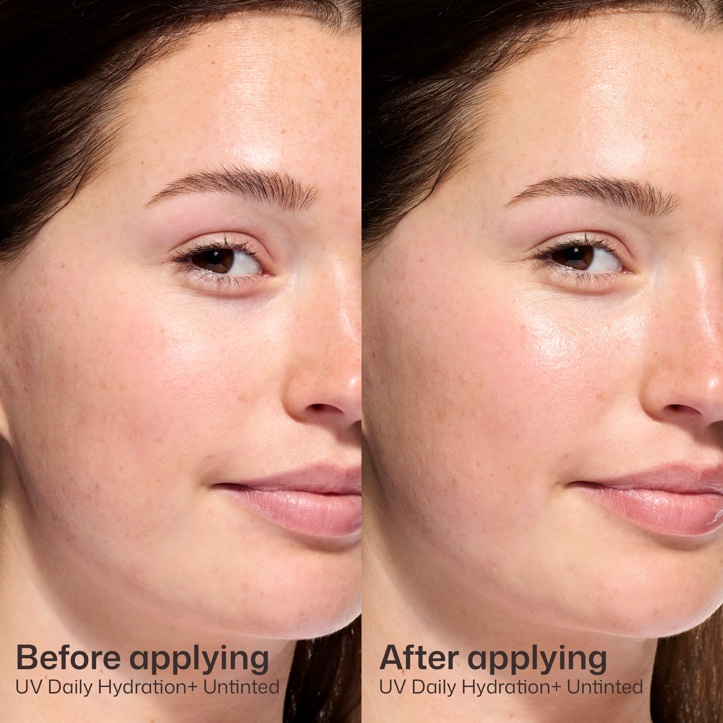 Close-up before-and-after comparison of a woman's face showing skincare results, with the left side labeled 'Before applying' and the right side labeled 'After applying' under the product name 'UV Daily Hydration+ Untinted'.