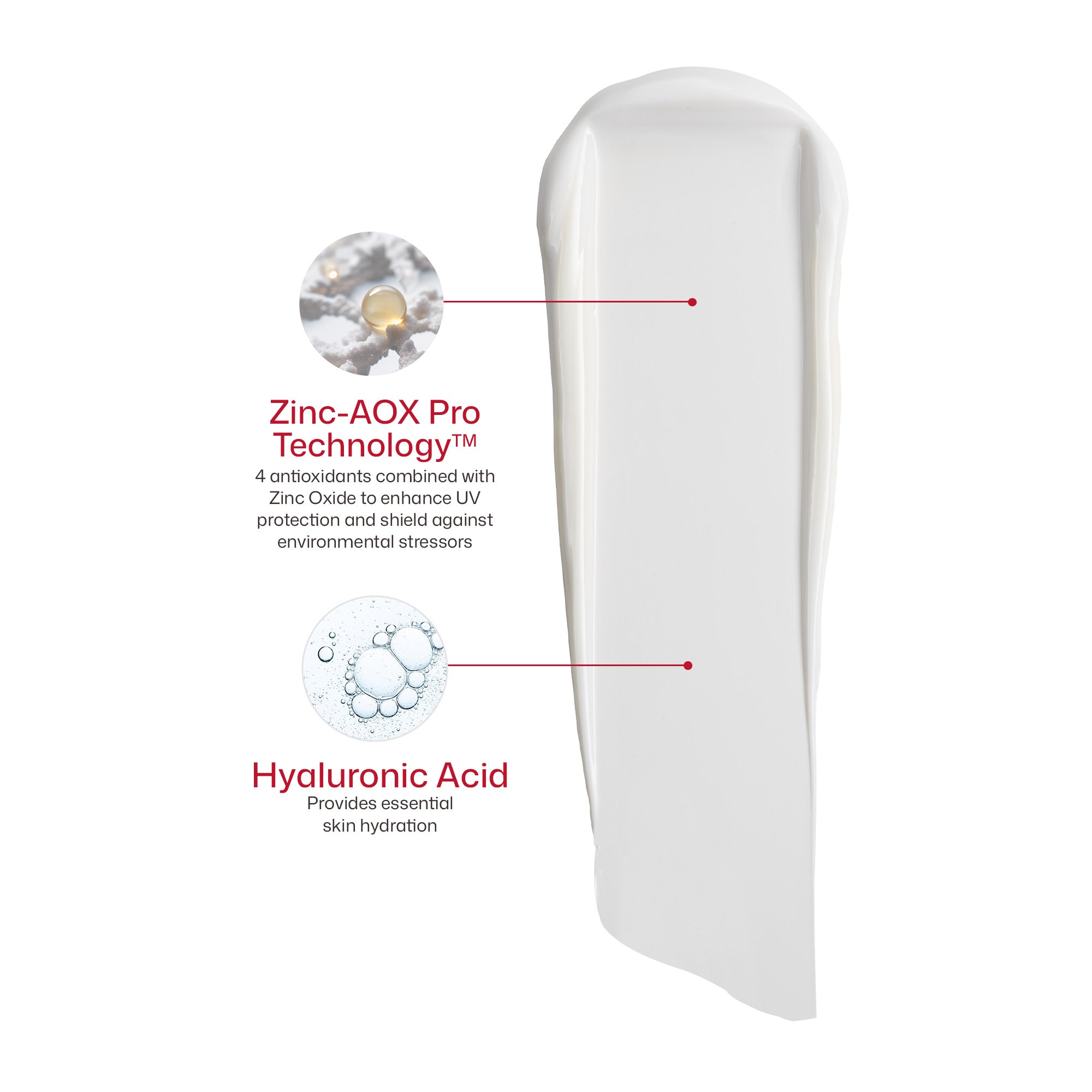 A white cosmetic tube or applicator shown on a light gray background with two callout text panels describing ingredients: Zinc-AOX Pro Technology and Hyaluronic Acid.