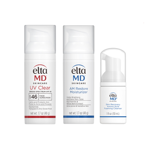 Three Elta MD skincare products with a 10% off badge on a white background