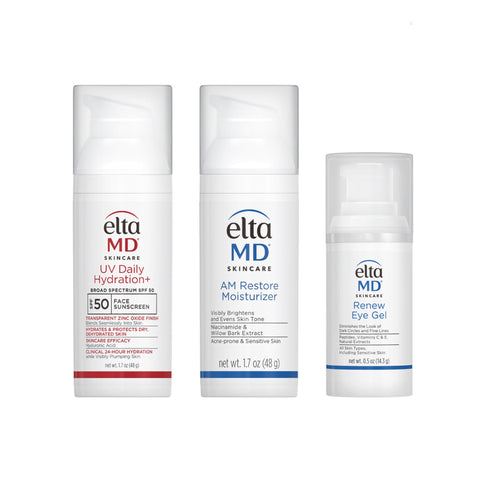 Three Elta MD skincare products with a 10% off badge on a white background
