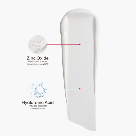 White cream with labeled ingredients on a white background