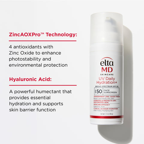 Eltma MD skincare product with text about ZincAOXPro technology and hyaluronic acid.