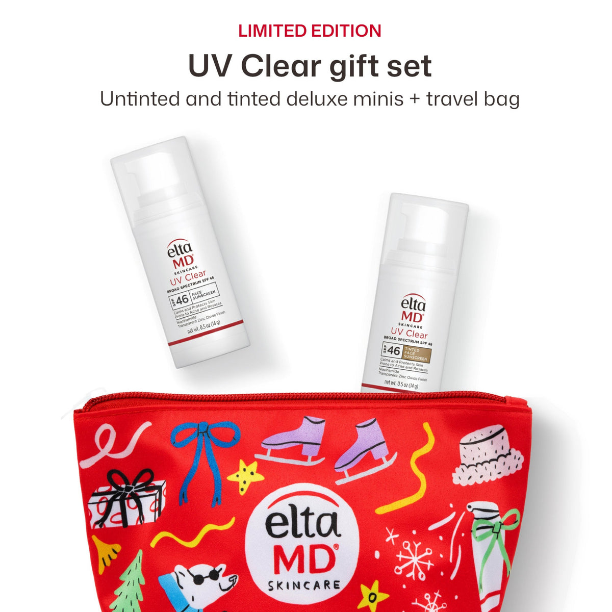 EltaMD UV Clear untinted and tinted deluxe minis peeking out of red decorated holiday kit bag 