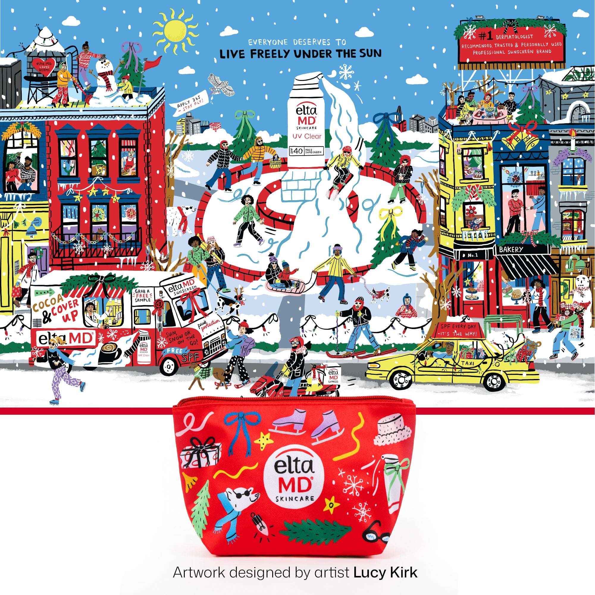 Hand drawn holiday artwork by artist l cy Kirk to support the EltaMD limited edition UV Clear gift set