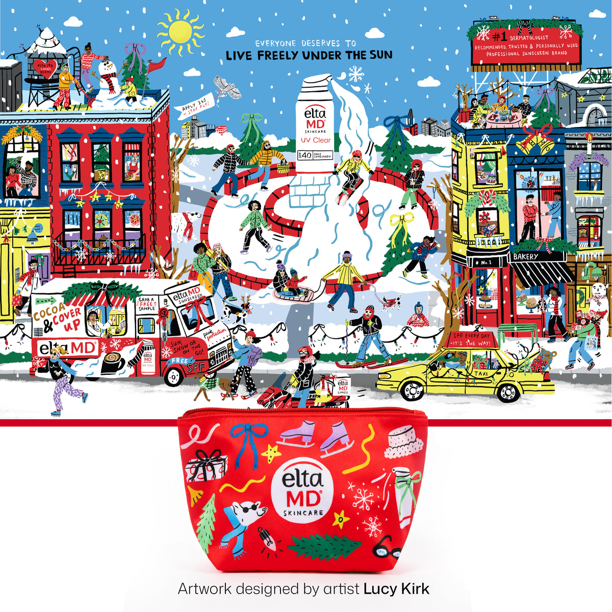 Hand drawn holiday artwork by artist l cy Kirk to support the EltaMD limited edition UV Clear gift set