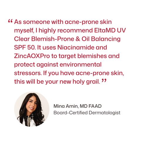 Recommendation for EltaMD UV Clear Blemish-Prone & Oil Balancing SPF 50 by a board-certified dermatologist on a white background.