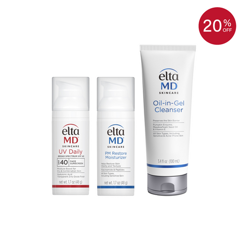 Eltma MD skincare products on a white background with a 20% off badge.