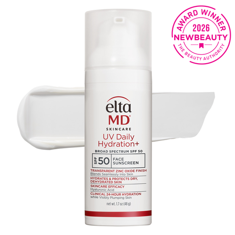 Elta MD UV Daily Hydration+ sunscreen bottle with award badge on a white background