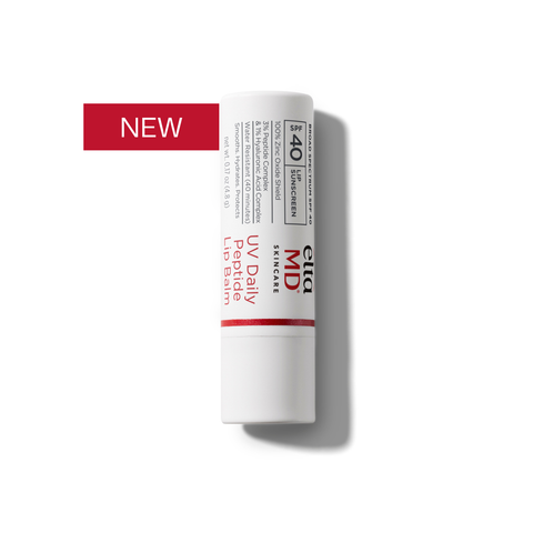 A single tube of MD Skincare UV Daily Peptide Lip Balm on a clean white background with a red 'NEW' banner in the top-left corner. The tube is white with red and black text.