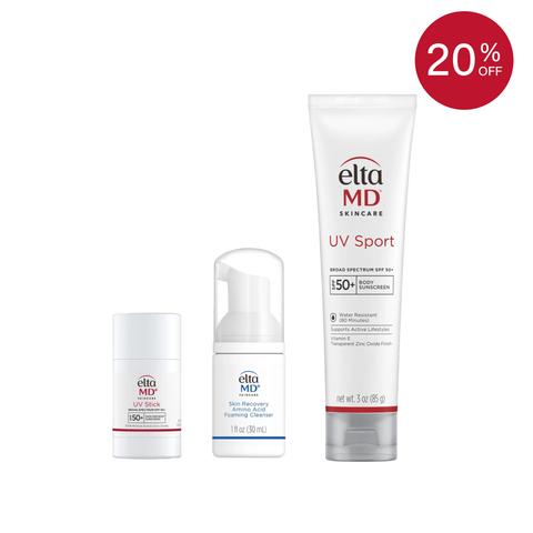 Eltamd skincare products on a white background with a 20% off badge.