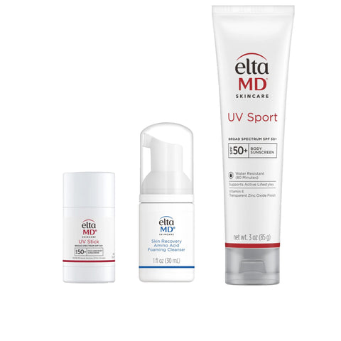 Three Elta MD skincare products on a white background