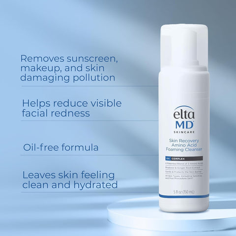 Eleta MD skincare cleanser bottle with product benefits on a blue background