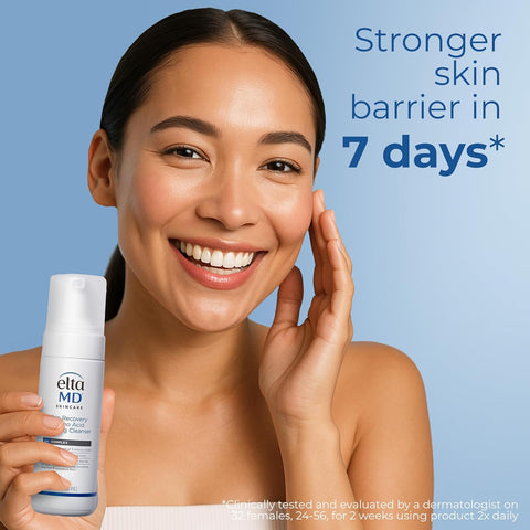 Woman holding a bottle of eltamd skincare product with text about skin barrier strength.