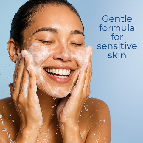 Woman washing her face with a gentle formula for sensitive skin on a blue background
