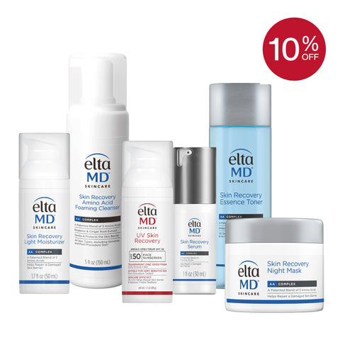 Collection of Elta MD skincare products with a 10% off badge on a white background