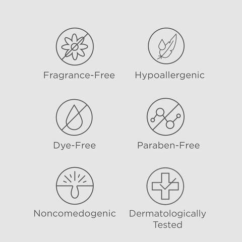 Fragrance-free, hyproallergenic, Dye-free, Paraben-free, Noncomedogenic, Dermatologically tested