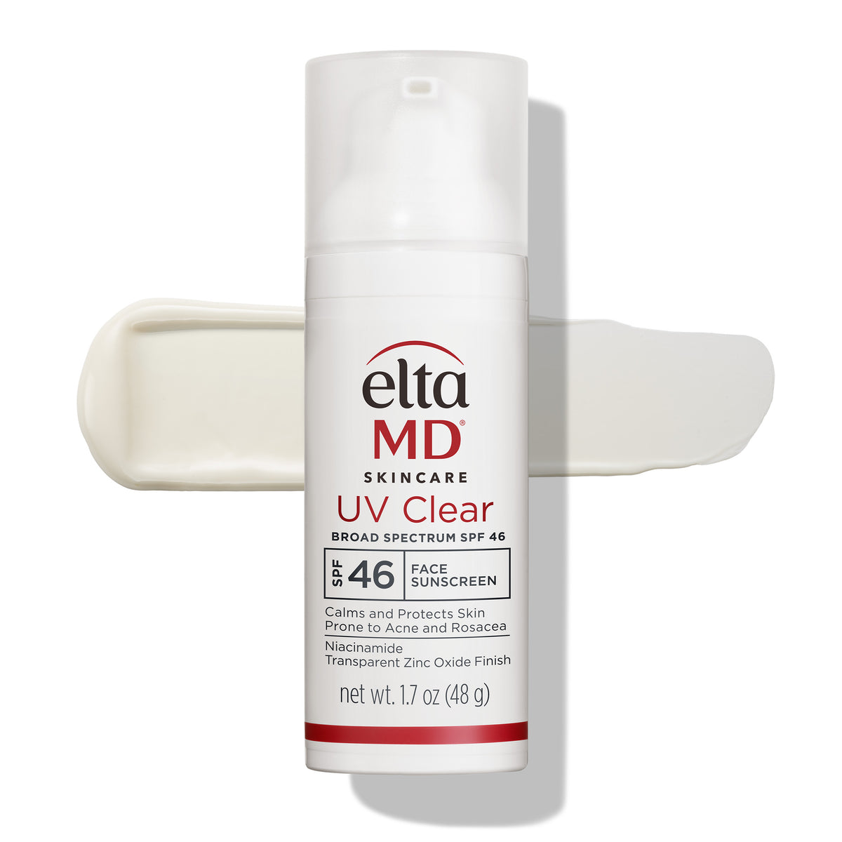 EltaMD UV Clear Broad Spectrum SPF 46 Face Sunscreen in a white pump bottle, shown with a cream-colored smear behind it on a white background.