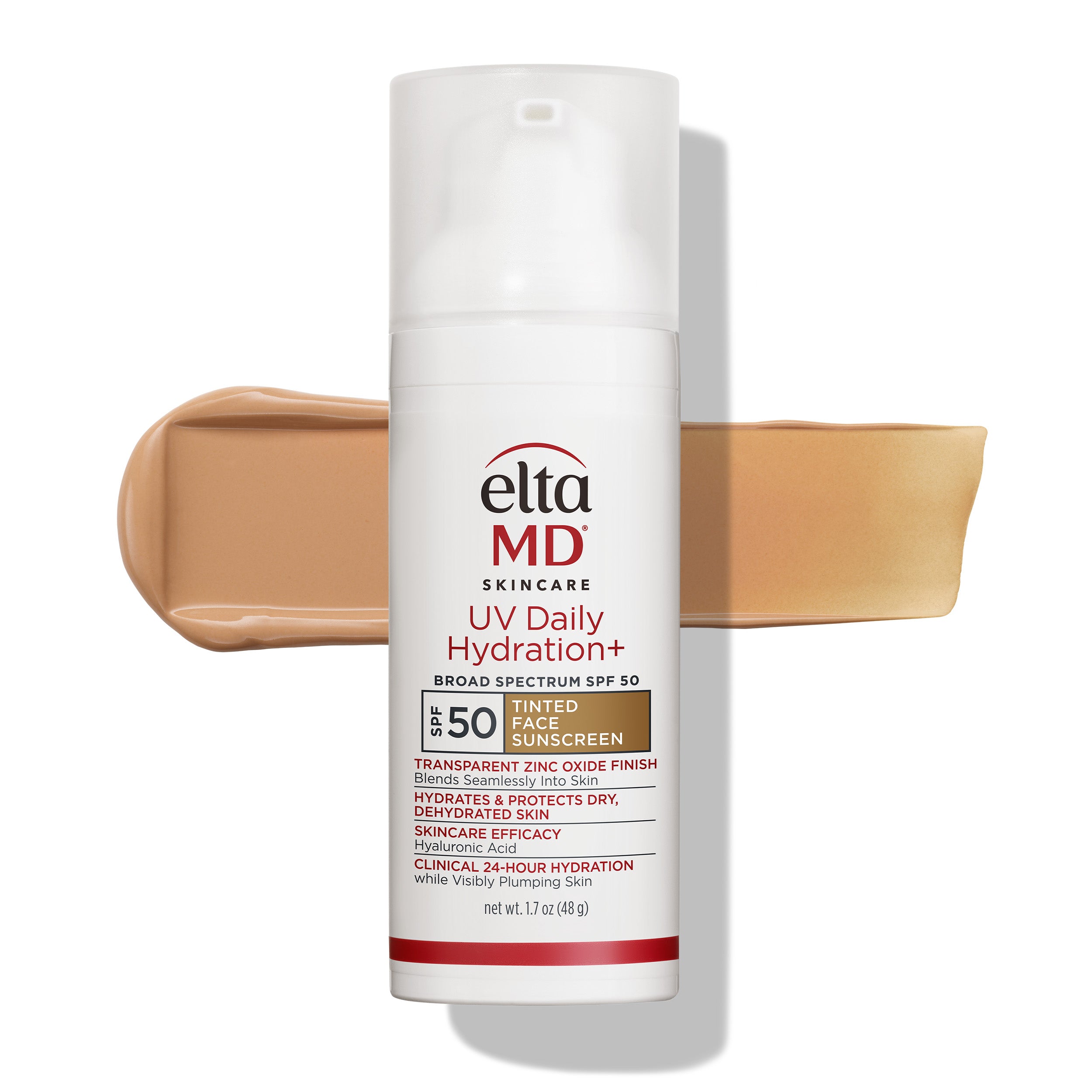 EltaMD Skincare UV Daily Hydration+ SPF 50 Face Sunscreen in a white pump bottle, shown with a beige face cream smear behind it on a white background.
