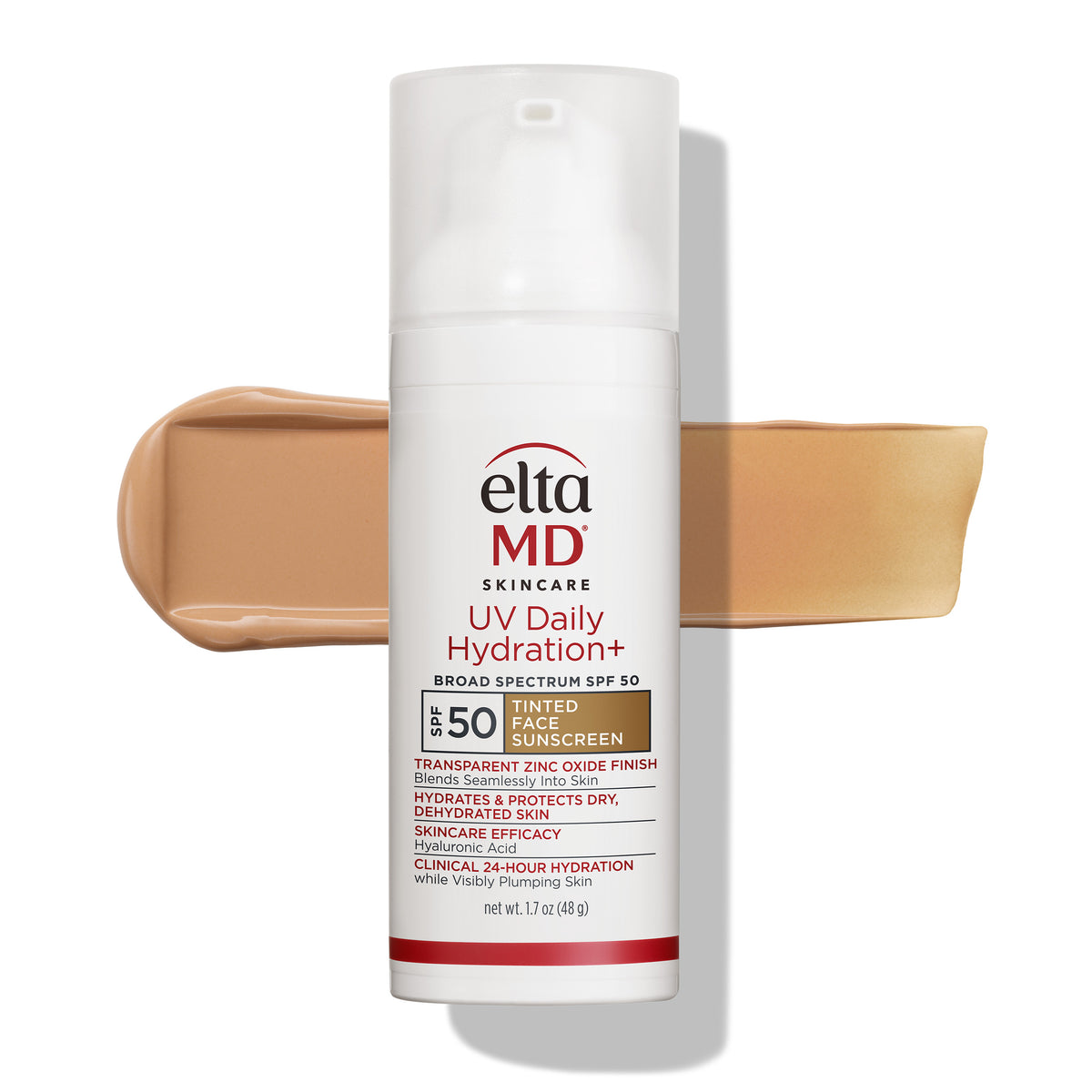 EltaMD Skincare UV Daily Hydration+ SPF 50 Face Sunscreen in a white pump bottle, shown with a beige face cream smear behind it on a white background.