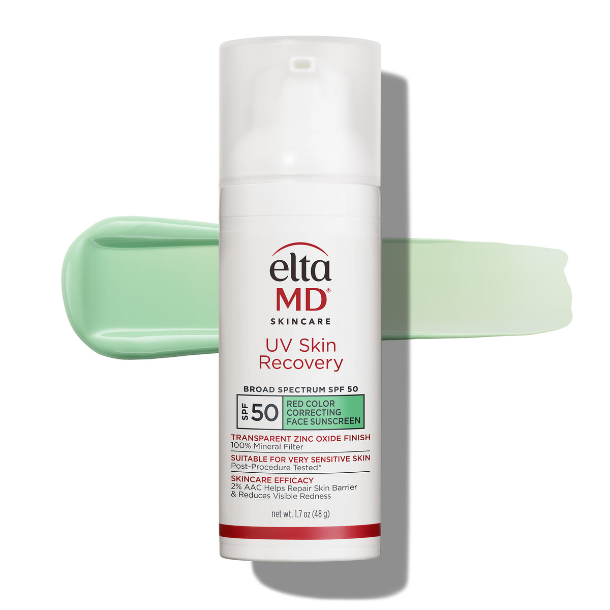 EltaMD UV Skin Recovery sunscreen bottle with a swatch of green color on a white background