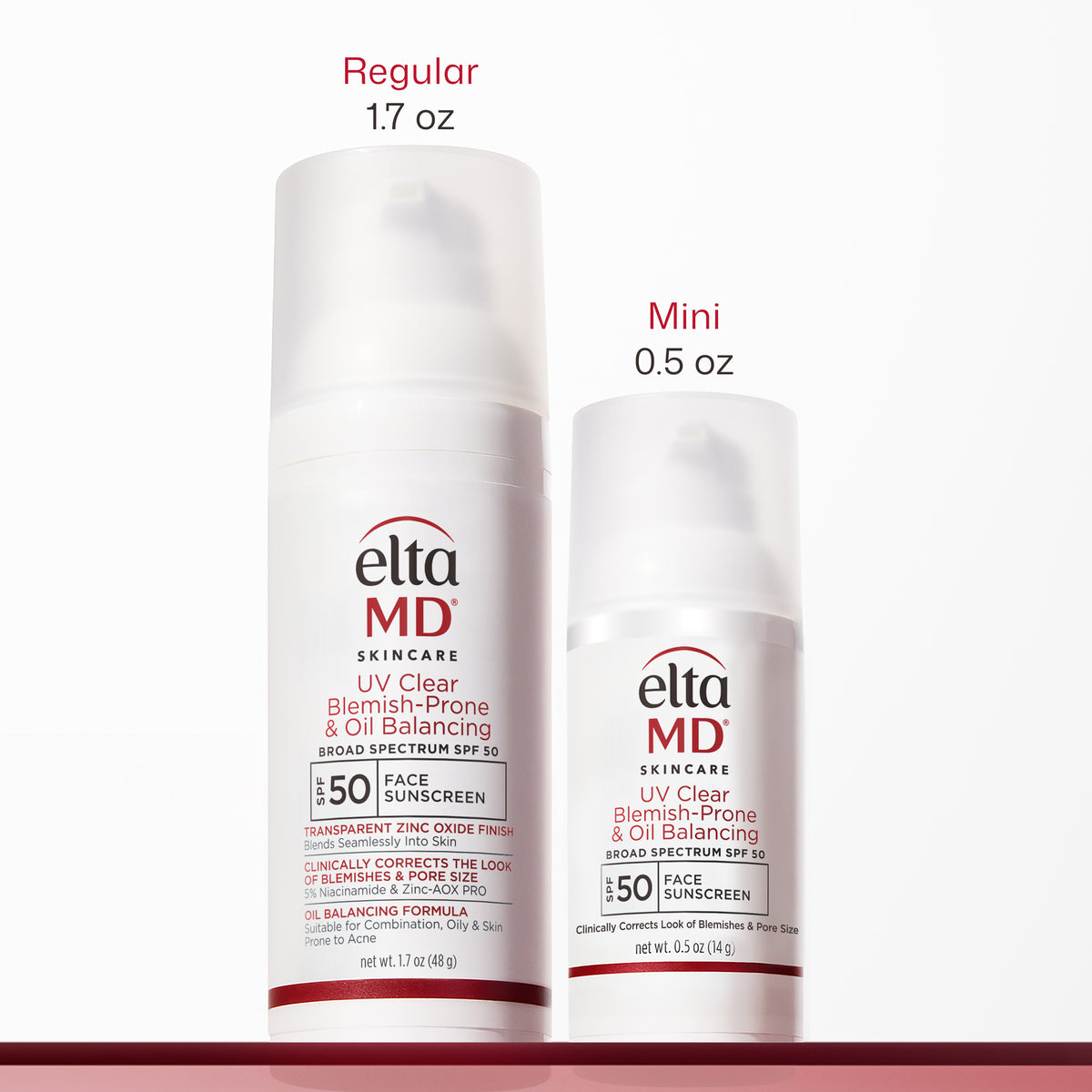 Two white Elta MD Skincare sunscreen bottles shown on a white background, labeled Regular 1.7 oz and Mini 0.
