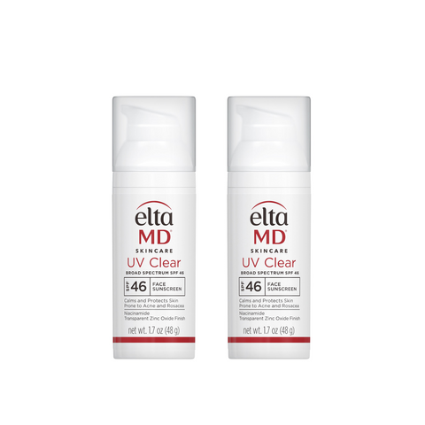 Two bottles of Elta MD UV Clear sunscreen with a 10% off badge on a white background.