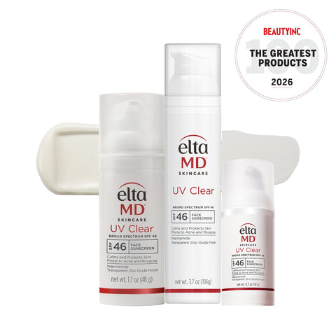 A set of four EltaMD Skincare UV Clear products arranged on a white background, including a pump bottle, a face sunscreen bottle, a small tube, and a small jar, with a circular Beautycine 'The Greatest Products 2026' badge in the top right.