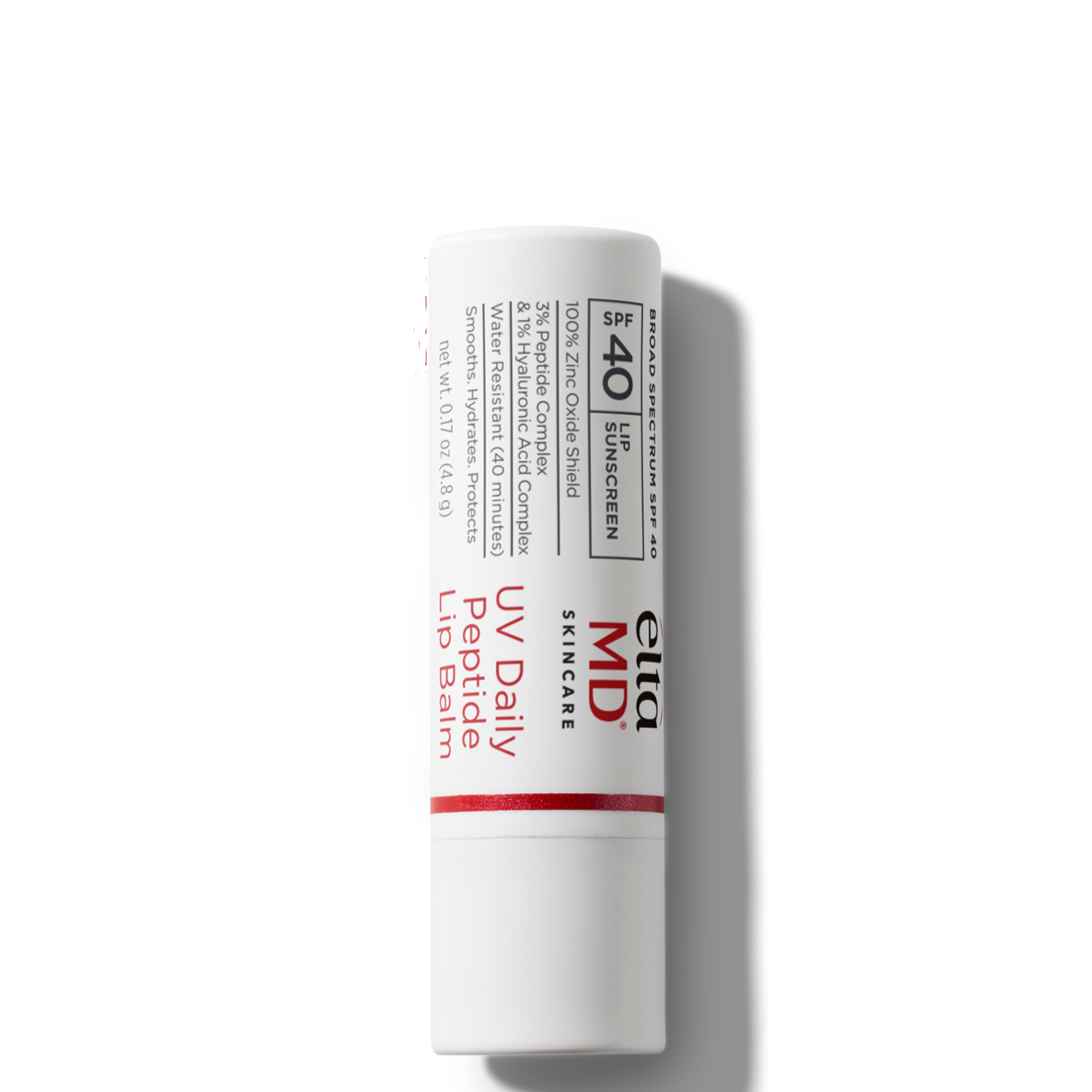 A single tube of EltaMDMD Skincare UV Daily Peptide Lip Balm on a clean white background with a red 'NEW' banner in the top-left corner. The tube is white with red and black text.
