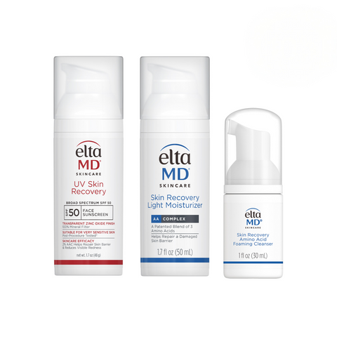 Three Elta MD skincare products on a white background